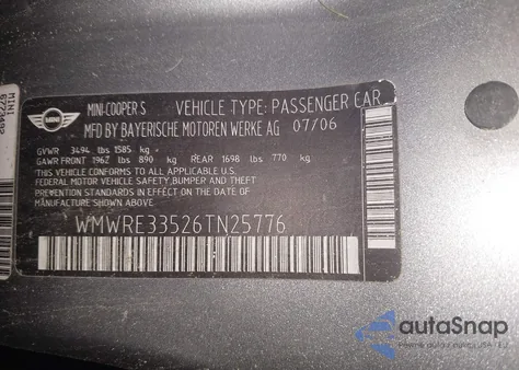 2006 Mini Cooper S from USA, damaged, VIN WMWRE33526TN25776